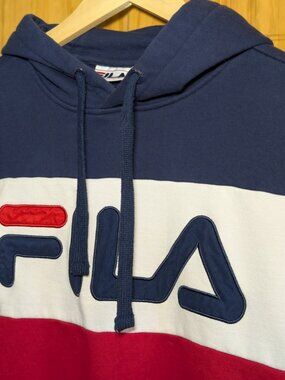 FILA Mens Hoodie Small Colorblock Navy White Red Big Logo Pullover